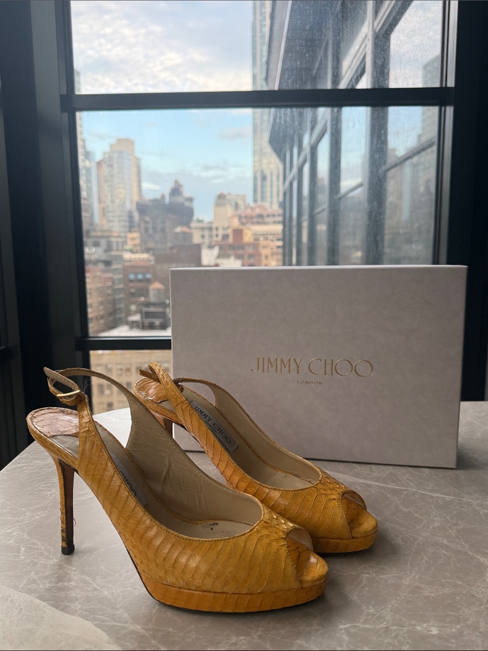 Jimmy Choo Mustard Yellow Peep-Toe Slingback Heels